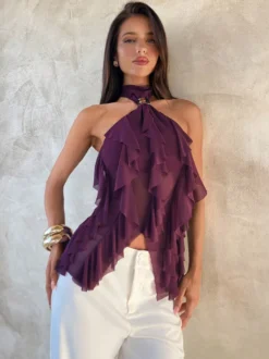 Fuchsia Cami Top Halter Volants Casual Sans Manches Femmes Camis