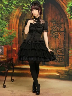 Garniture en dentelle noir Lolita de mousseline de soie jupe couches volants Déguisements Halloween