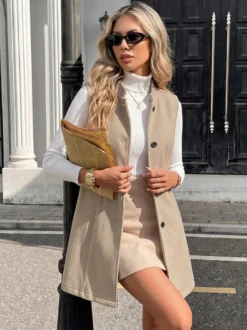 Gilet blazer sans manches pour femme col montant un bouton longueur mi-cuisse
