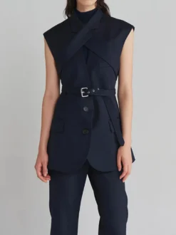 Gilet blazer sans manches à revers croisés pour femme ceinture à la taille tailleur