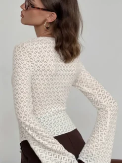 Gilet cardigan ajusté en maille ajourée avec manches évasées pour femme 2026