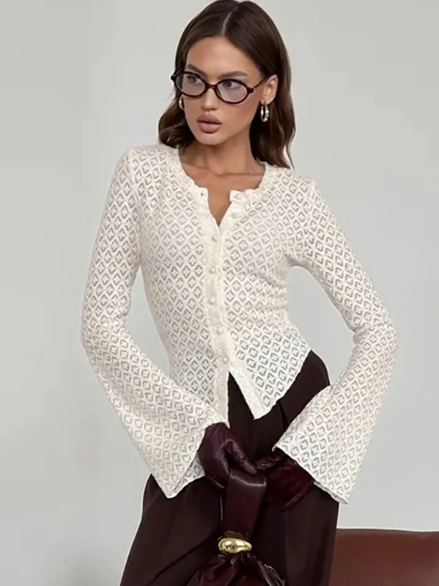Gilet cardigan ajusté en maille ajourée avec manches évasées pour femme 2026
