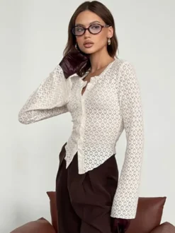 Gilet cardigan ajusté en maille ajourée avec manches évasées pour femme 2026