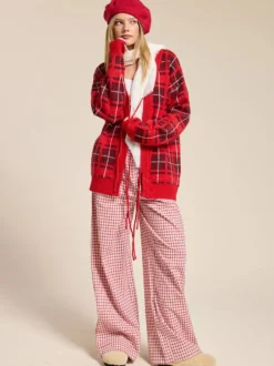 Gilet cardigan à carreaux en maille à col V pour femme manches longues fermeture à nouer sur le devant coupe ample et oversize motif à carreaux