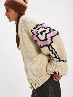 Gilet cardigan en maille jacquard à fleurs col en V manches longues oversize poches pull ample en grosse maille pour femme