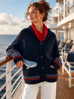 Gilet cardigan femme en maille jacquard à motif homard et baleine col châle boutons sur le devant manches longues style marin