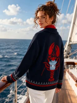 Gilet cardigan femme en maille jacquard à motif homard et baleine col châle boutons sur le devant manches longues style marin