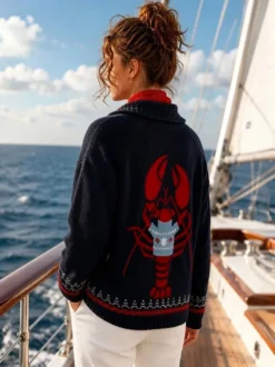 Gilet cardigan femme en maille jacquard à motif homard et baleine col châle boutons sur le devant manches longues style marin