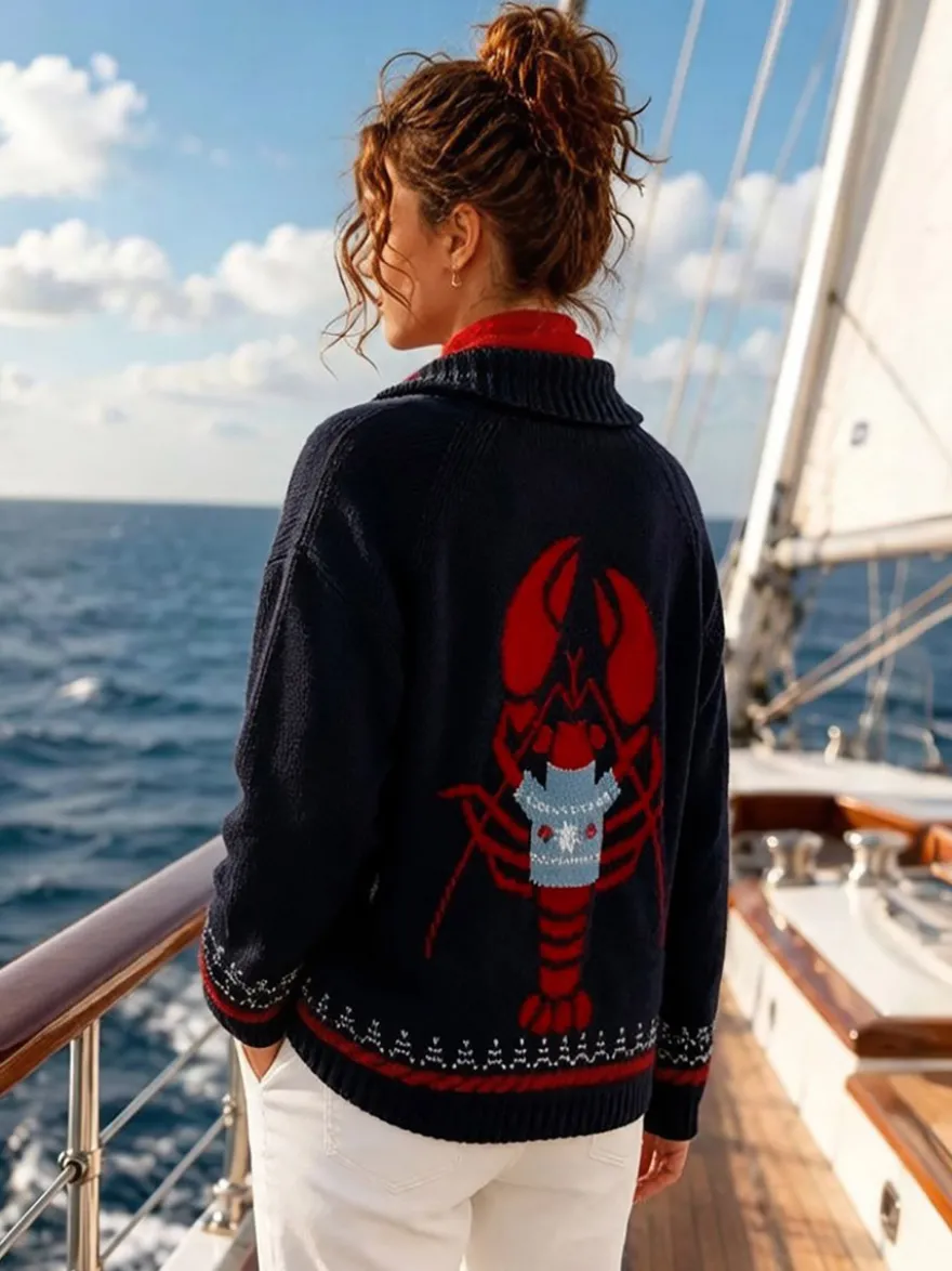 Gilet cardigan femme en maille jacquard à motif homard et baleine col châle boutons sur le devant manches longues style marin