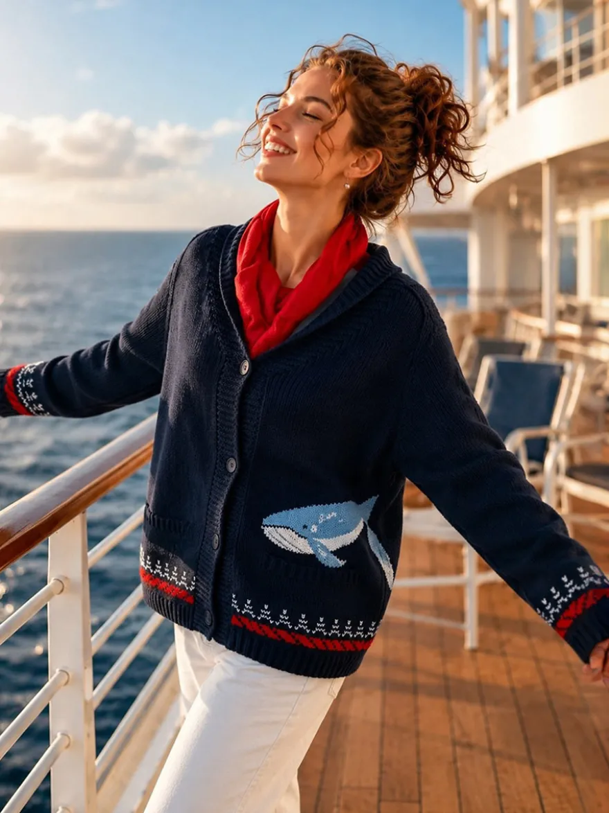 Gilet cardigan femme en maille jacquard à motif homard et baleine col châle boutons sur le devant manches longues style marin