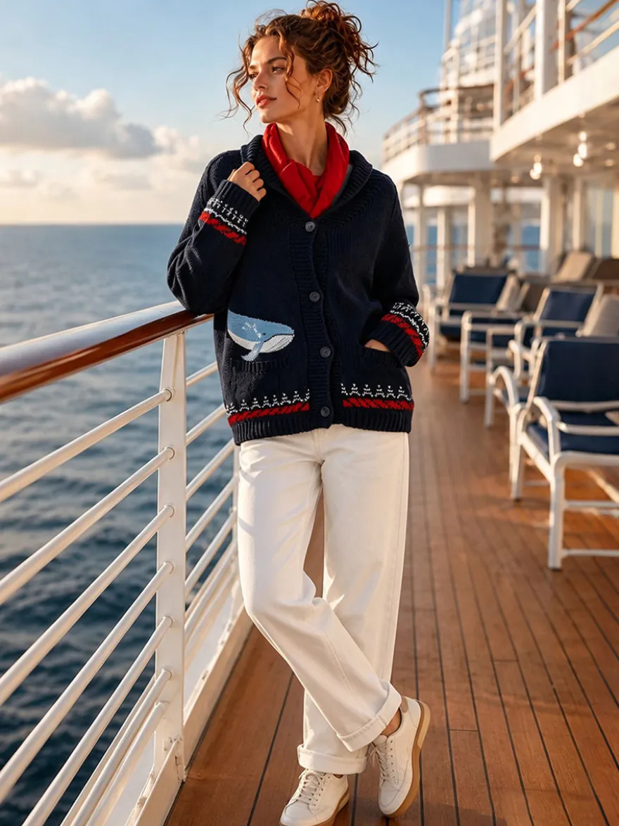 Gilet cardigan femme en maille jacquard à motif homard et baleine col châle boutons sur le devant manches longues style marin