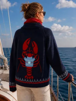 Gilet cardigan femme en maille jacquard à motif homard et baleine col châle boutons sur le devant manches longues style marin