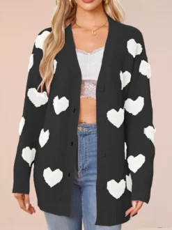 Gilet cardigan oversize à manches longues et poches imprimé cœur intégral col V et boutons pour femme