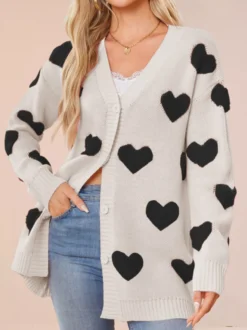 Gilet cardigan oversize à manches longues et poches imprimé cœur intégral col V et boutons pour femme