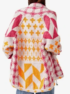 Gilet cardigan vintage en maille à imprimé géométrique col à revers manches longues amples ouvert sur le devant manteau oversize pour femme