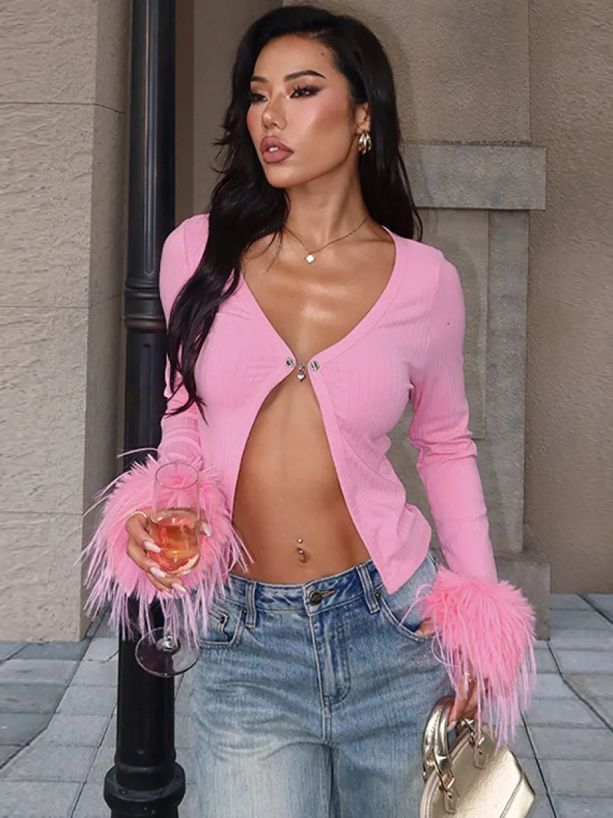 Gilet court à poignets en fourrure rose pour femme - Haut côtelé à manches longues et col en V style années 2000 - Boléro sexy pour soirées en club 2026