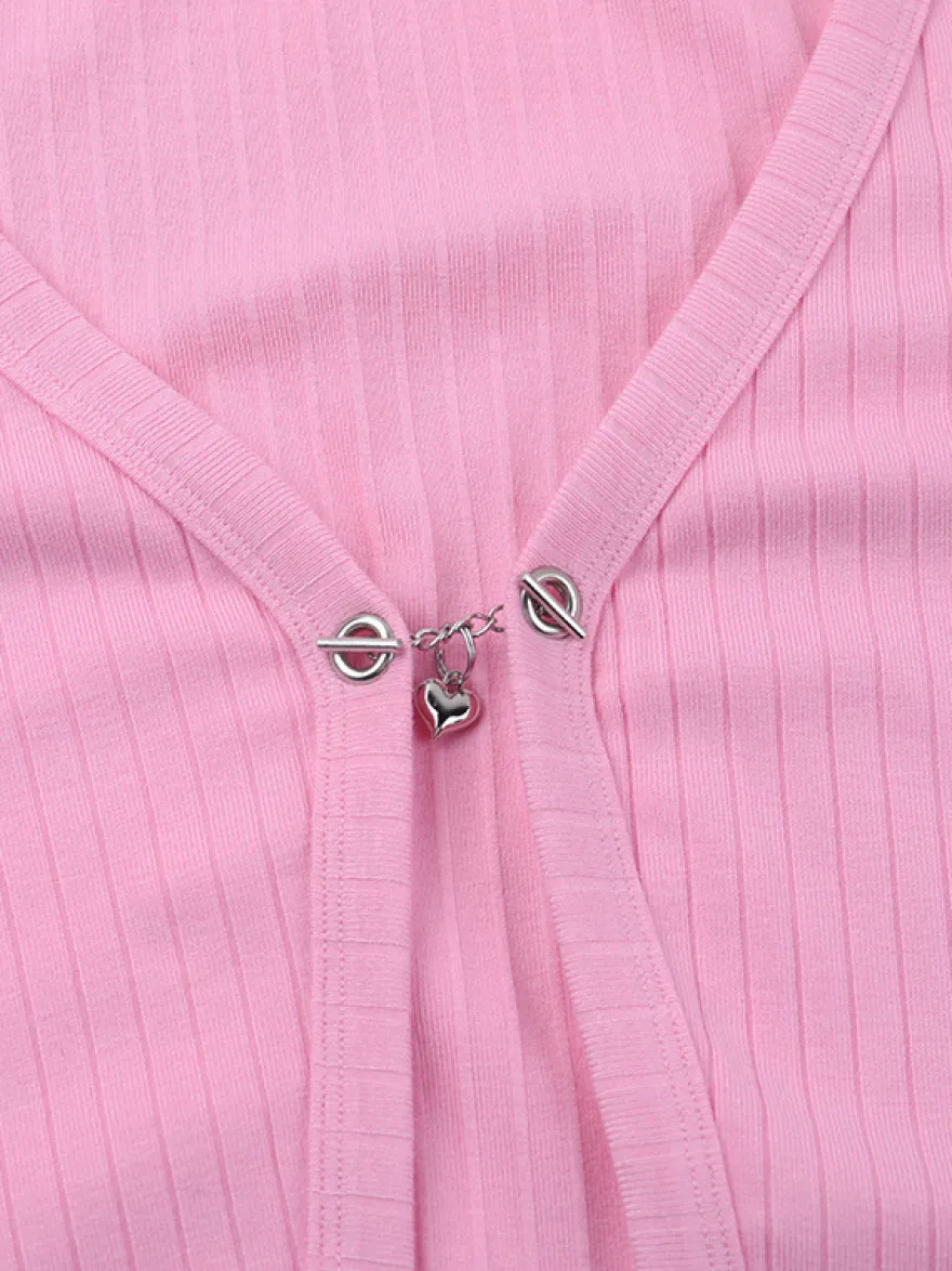 Gilet court à poignets en fourrure rose pour femme - Haut côtelé à manches longues et col en V style années 2000 - Boléro sexy pour soirées en club 2026
