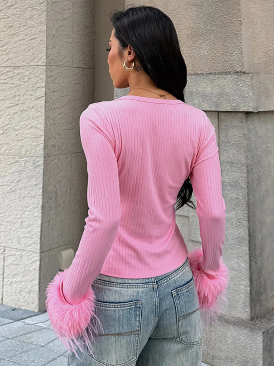 Gilet court à poignets en fourrure rose pour femme - Haut côtelé à manches longues et col en V style années 2000 - Boléro sexy pour soirées en club 2026