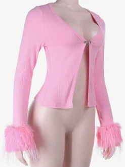 Gilet court à poignets en fourrure rose pour femme - Haut côtelé à manches longues et col en V style années 2000 - Boléro sexy pour soirées en club 2026