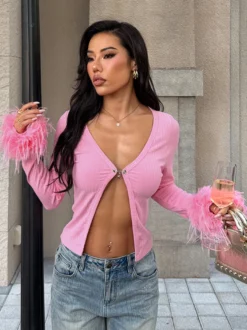Gilet court à poignets en fourrure rose pour femme - Haut côtelé à manches longues et col en V style années 2000 - Boléro sexy pour soirées en club 2026