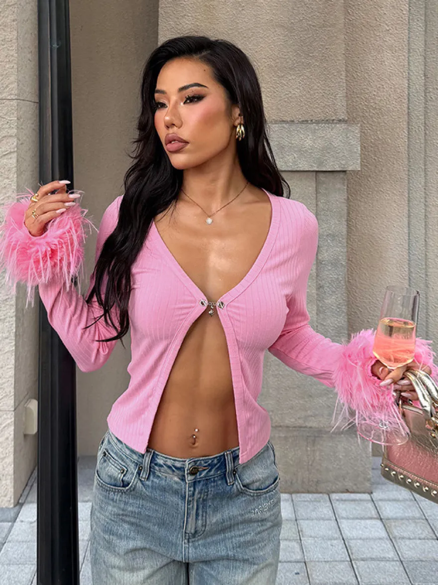 Gilet court à poignets en fourrure rose pour femme - Haut côtelé à manches longues et col en V style années 2000 - Boléro sexy pour soirées en club 2026
