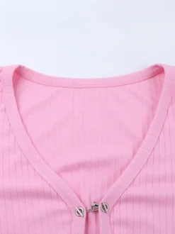 Gilet court à poignets en fourrure rose pour femme - Haut côtelé à manches longues et col en V style années 2000 - Boléro sexy pour soirées en club 2026