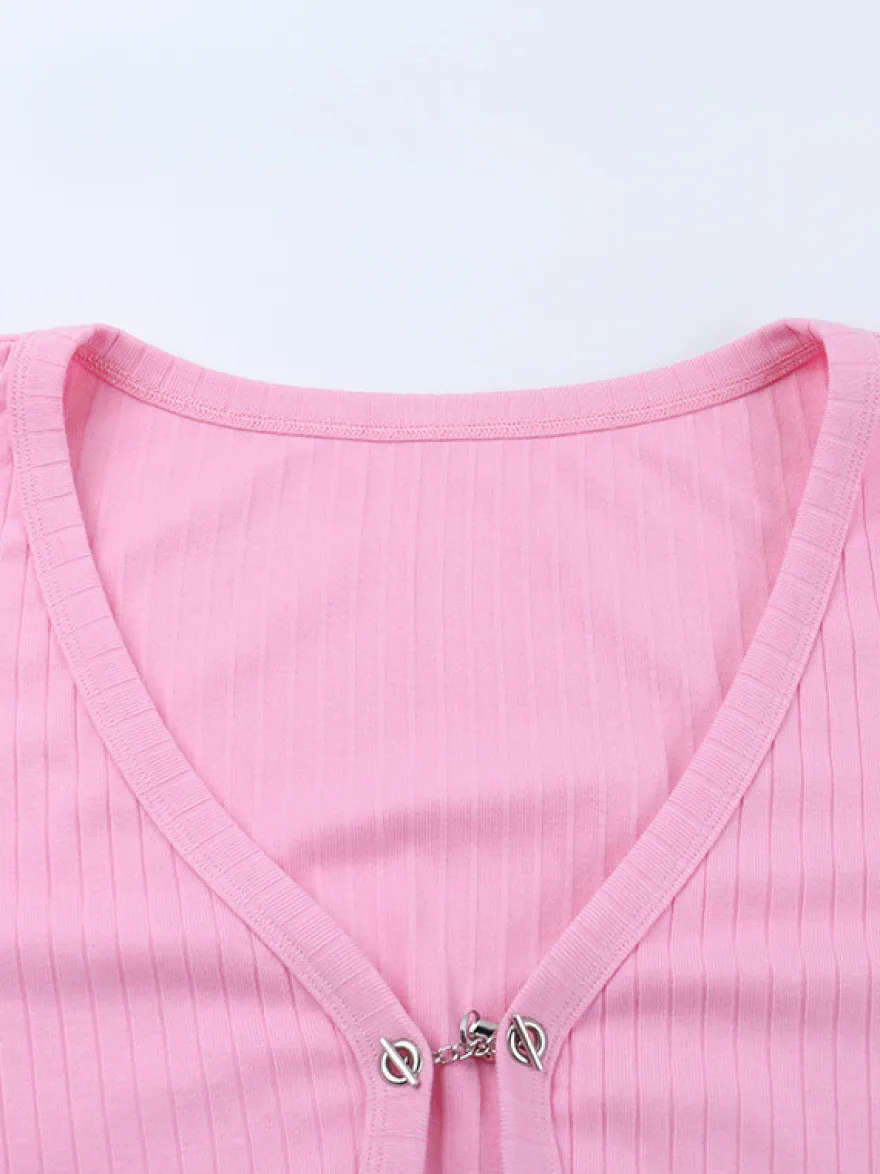 Gilet court à poignets en fourrure rose pour femme - Haut côtelé à manches longues et col en V style années 2000 - Boléro sexy pour soirées en club 2026