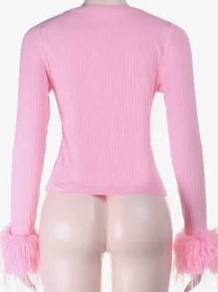 Gilet court à poignets en fourrure rose pour femme - Haut côtelé à manches longues et col en V style années 2000 - Boléro sexy pour soirées en club 2026
