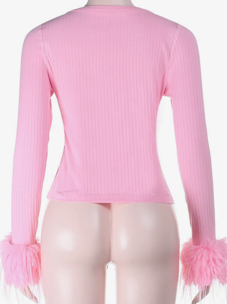 Gilet court à poignets en fourrure rose pour femme - Haut côtelé à manches longues et col en V style années 2000 - Boléro sexy pour soirées en club 2026
