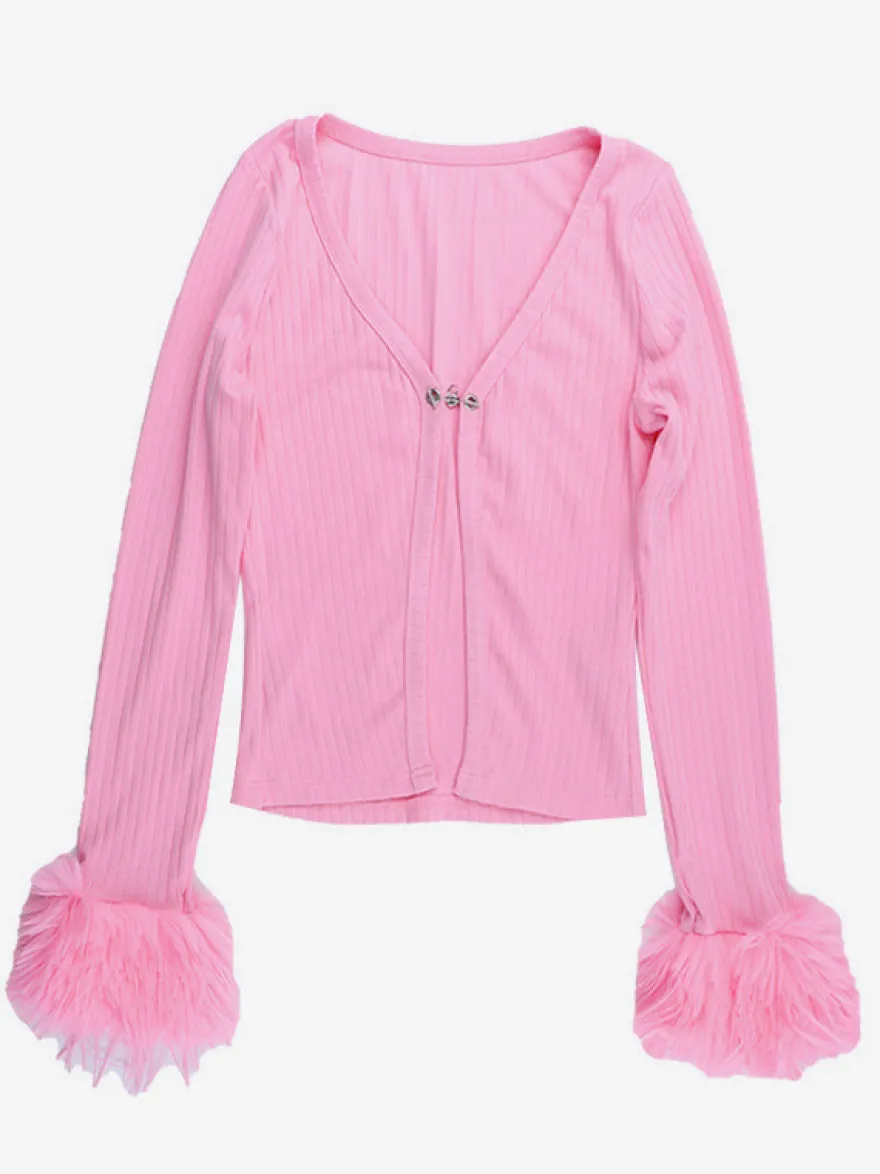 Gilet court à poignets en fourrure rose pour femme - Haut côtelé à manches longues et col en V style années 2000 - Boléro sexy pour soirées en club 2026