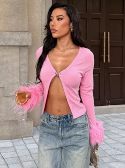 Gilet court à poignets en fourrure rose pour femme - Haut côtelé à manches longues et col en V style années 2000 - Boléro sexy pour soirées en club 2026