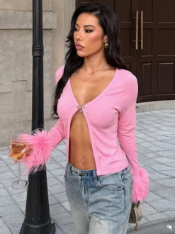 Gilet court à poignets en fourrure rose pour femme - Haut côtelé à manches longues et col en V style années 2000 - Boléro sexy pour soirées en club 2026