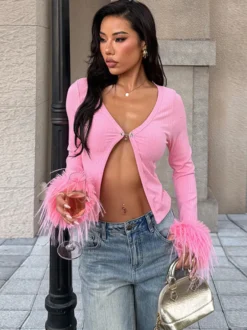 Gilet court à poignets en fourrure rose pour femme - Haut côtelé à manches longues et col en V style années 2000 - Boléro sexy pour soirées en club 2026