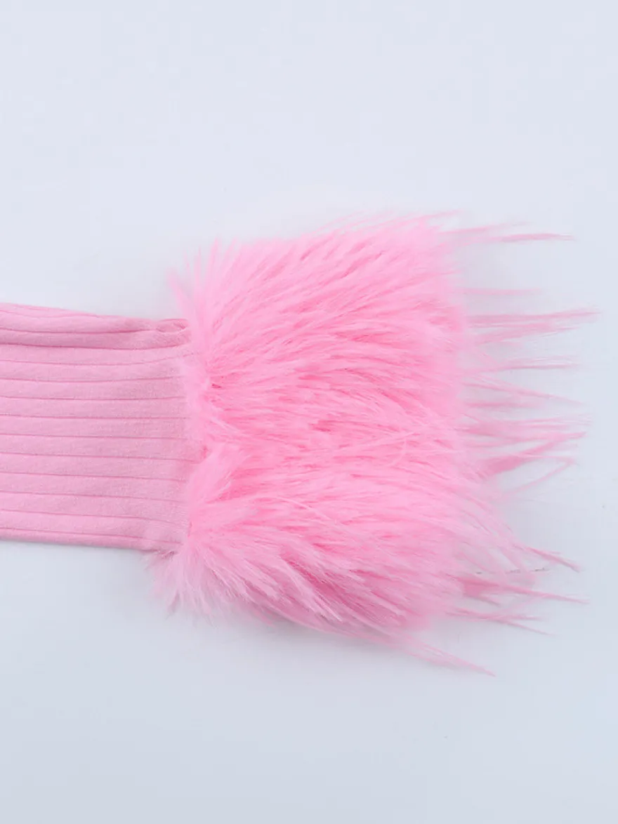 Gilet court à poignets en fourrure rose pour femme - Haut côtelé à manches longues et col en V style années 2000 - Boléro sexy pour soirées en club 2026