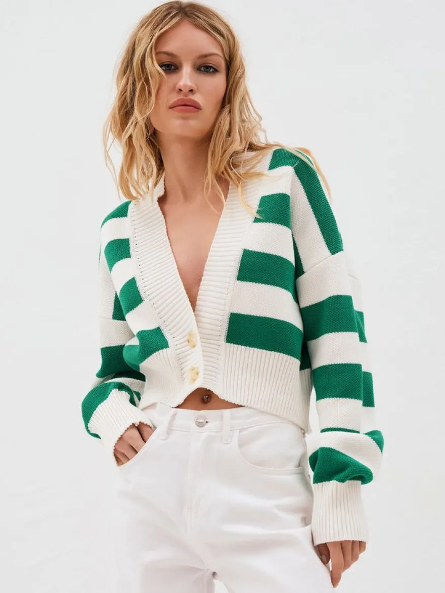 Gilet court rayé à col en V pull boutonné en maille pour femme 2026