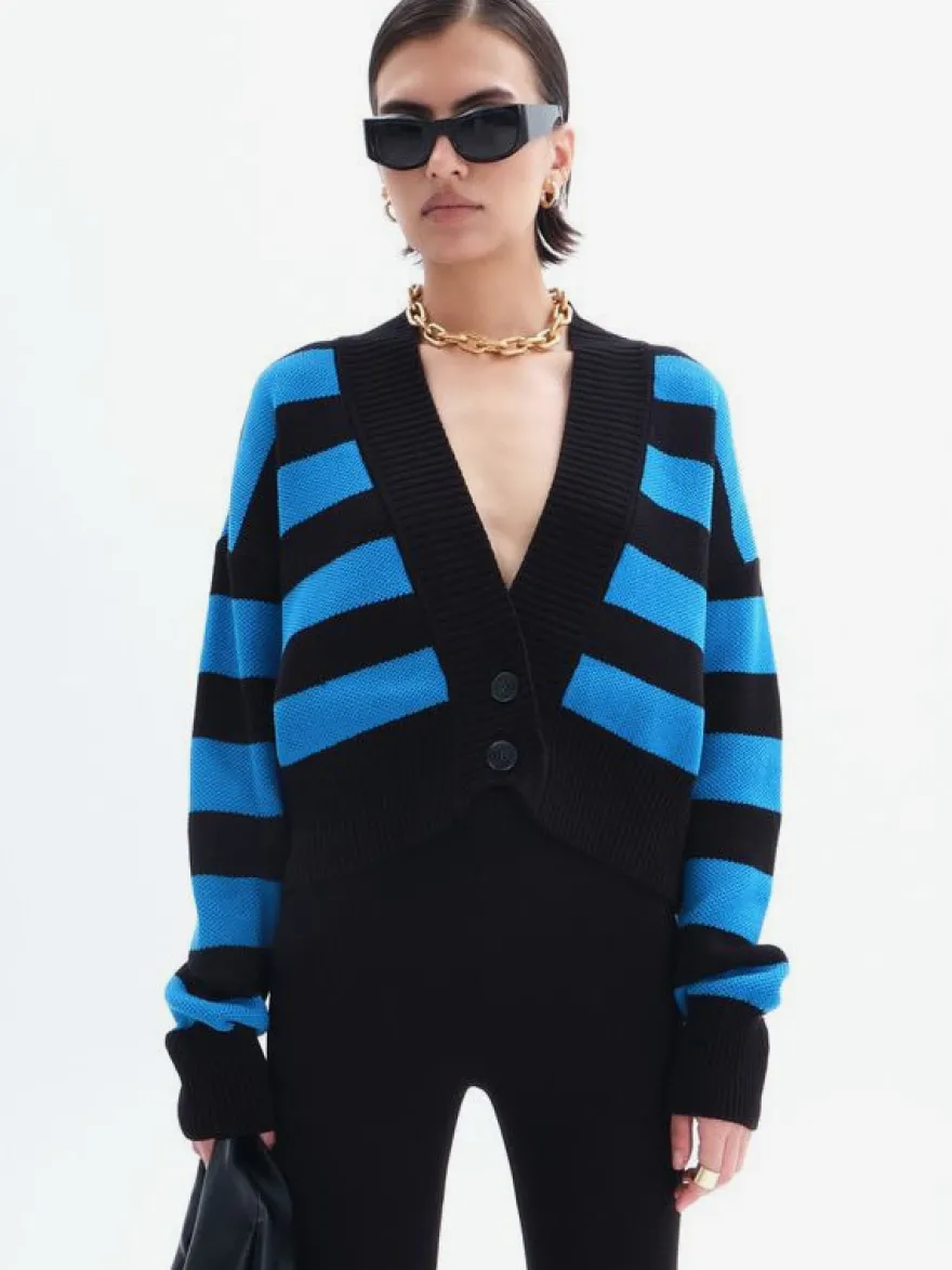Gilet court rayé à col en V pull boutonné en maille pour femme 2026