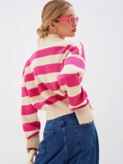 Gilet court rayé à col en V pull boutonné en maille pour femme 2026