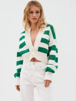 Gilet court rayé à col en V pull boutonné en maille pour femme 2026