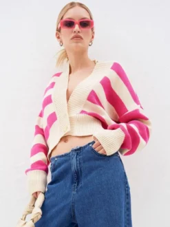 Gilet court rayé à col en V pull boutonné en maille pour femme 2026