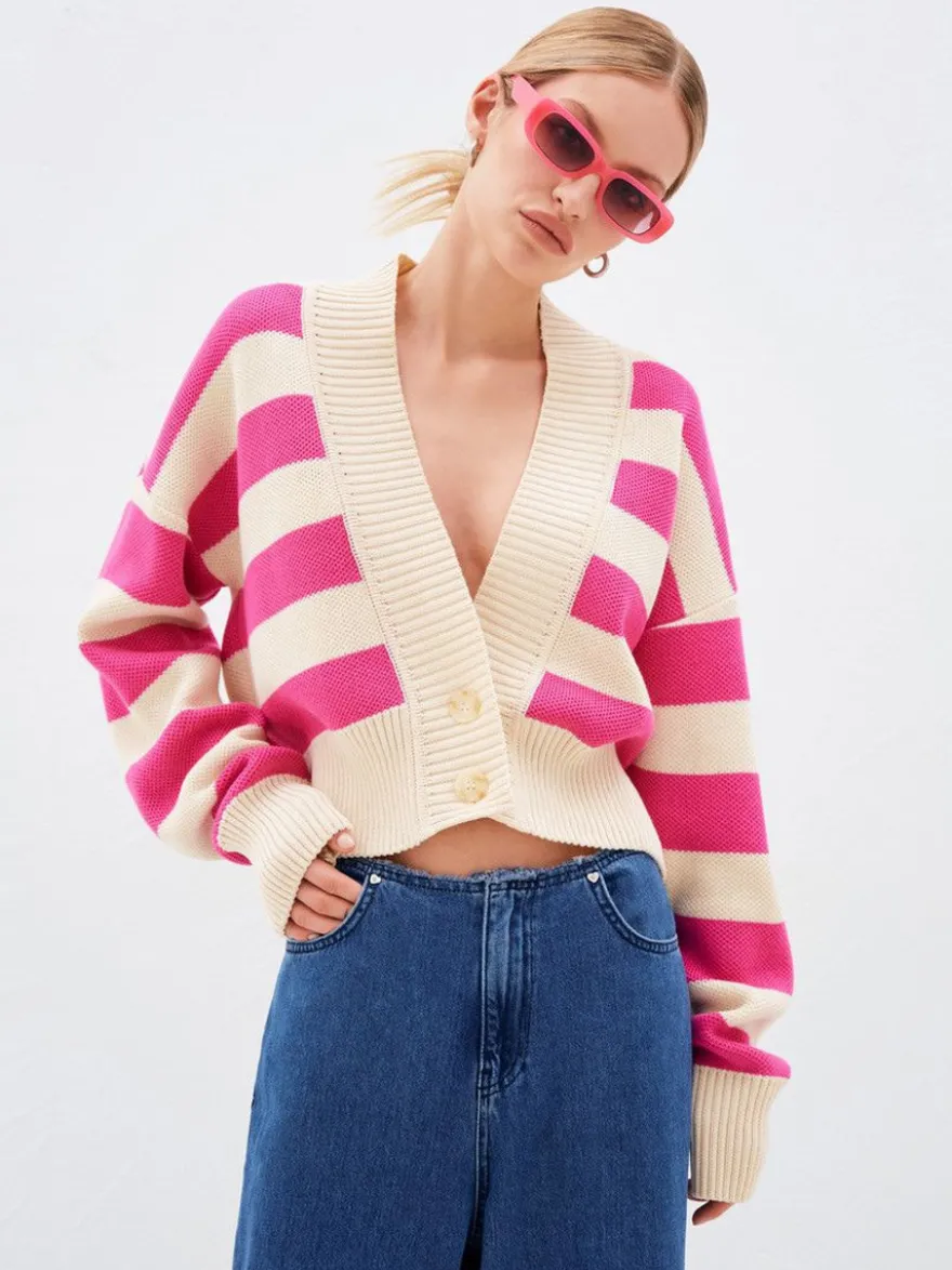 Gilet court rayé à col en V pull boutonné en maille pour femme 2026