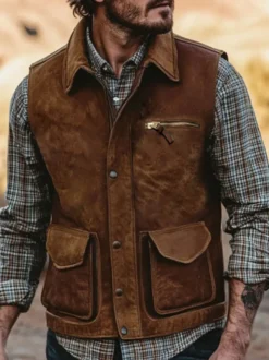 Gilet de moto vintage décontracté pour homme multipoches avec col à revers