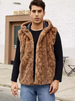 Gilet En Fausse Fourrure Léopard Hiver Chaud Hommes Sans Manches Col Rabattu Capuche