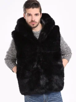 Gilet En Fausse Fourrure Noir Hiver Chaud Hommes Sans Manches Col Rabattu Capuche