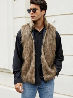 Gilet En Fausse Fourrure Noir Hiver Chaud Hommes Sans Manches