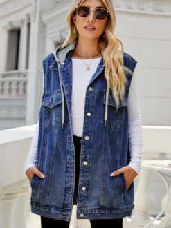 Gilet en jean à capuche pour femme - Veste longue oversize sans manches en jean délavé - Collection printemps-été streetwear 2026