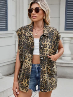 Gilet en jean imprimé léopard pour femme - Veste en jean oversize sans manches à motif animal - Collection printemps-été 2026
