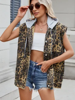 Gilet en jean imprimé léopard pour femme - Veste en jean oversize sans manches à motif animal - Collection printemps-été 2026