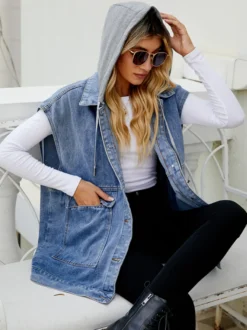 Gilet en jean oversize à capuche pour femme - Veste longue sans manches en jean délavé - Collection streetwear printemps-été 2026