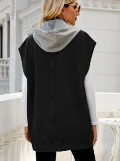 Gilet en jean oversize à capuche pour femme - Veste longue sans manches en jean délavé - Collection streetwear printemps-été 2026