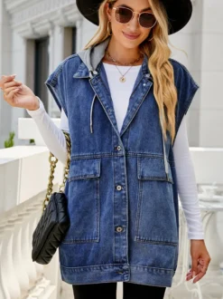 Gilet en jean oversize pour femme - Veste longue vintage sans manches en jean délavé - Collection streetwear printemps-été 2026